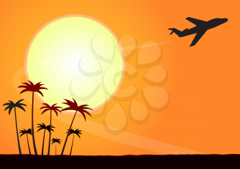 Illustration of the silhouette of a plane flying away at sunset on a background of palm trees silhouettes