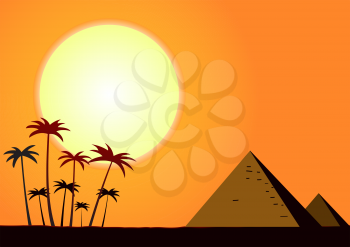 Illustration of the sunset over the desert landscape with pyramids and palm trees