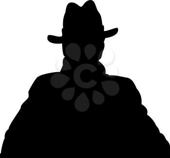 Illustration of a black-and-white silhouette of a man in a coat and hat