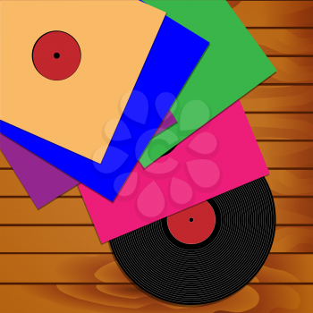 Illustration of a collection of phonograph records on a wooden background