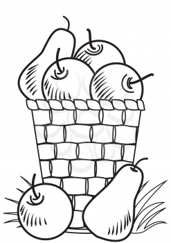 Illustration of a outline of a basket of fruit in the grass