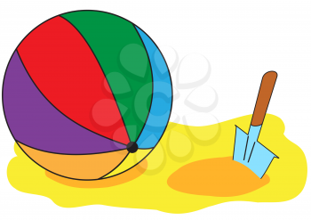 Illustration of a multicolored inflatable ball and a childrens shovel on the sand