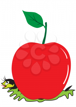 Illustration of a caterpillar pinned by a red ripe apple