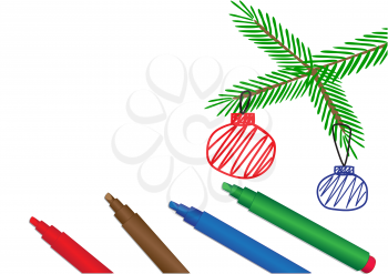 Illustration of felt-tip pens and a drawing of a fir branch with balls on a white background