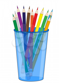 Illustration of a glass with colored  pencils on a white background
