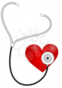 Illustration of a stethoscope and heart with a cardiogram on a white background