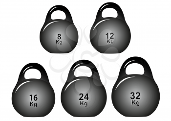 Set of weights of different masses on a white background