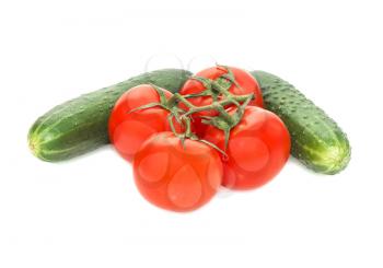 Sprig of ripe tomatoes and cucumbers isolated on white background