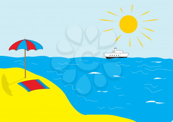 Beach illustration with towel and umbrella with sea sun and ship