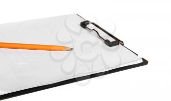 Tablet with paper and pencil isolated on white background