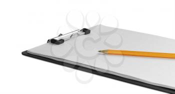 Tablet with paper and pencil isolated on white background