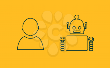 Cute vintage robot and human. Robotics industry relative image. Outline icons