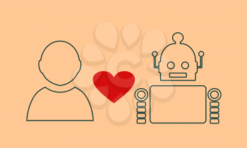 Human and robot relationships. Robotics industry relative image. Heart icon between robot and human. Outline icons