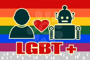Human and robot relationships. Robotics industry relative image. Heart icon between robot and human. LGBT text and rainbow flag