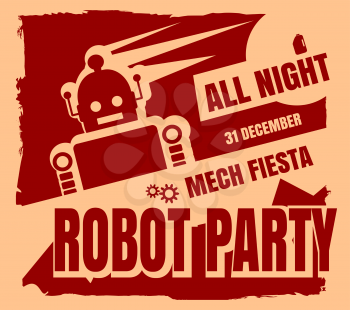 Retro robot party poster. Mech fiesta. Abstract robot silhouette