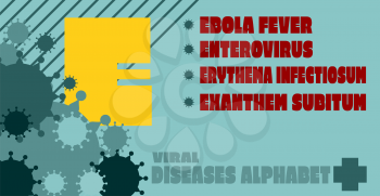Viral diseases alphabet. Medical research theme. Diseases list. Virus epidemic relative illustration. Viruses icons on background. Letter E