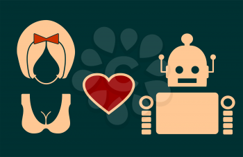 Human and robot relationships. Robotics industry relative image. Heart icon between robot and woman. 