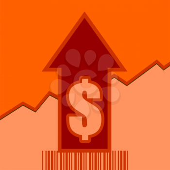 Dollar sign and rise up arrow. Growth diagram and bar code. Relative for retail business