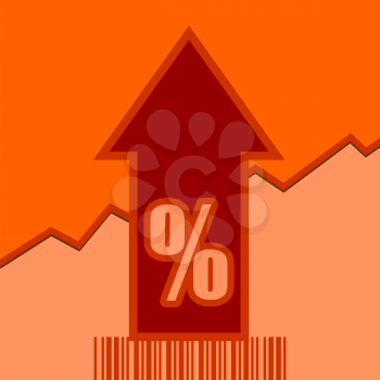 Percent sign and rise up arrow. Growth diagram and bar code. Relative for retail business. Vector illustration