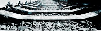 Railway track. Perspective view. Close up image. Monochrome image
