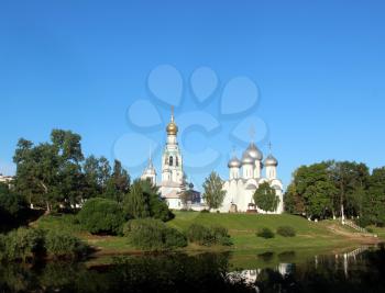 Sophia cathedral in the Vologda city, Russia. Summer sunny day. White church and bell tower.