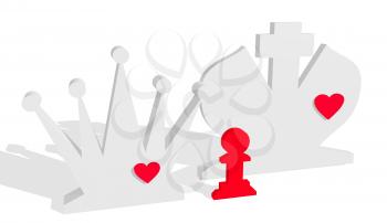 Chess figures. King and Queen with pawn child. Family metaphor. Love theme. 3D rendering.