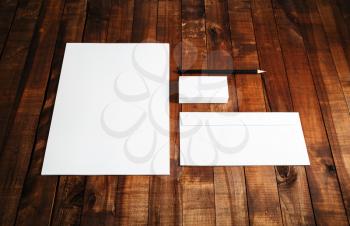 Blank stationery set on wooden table background. ID template. Mockup for branding identity for designers.