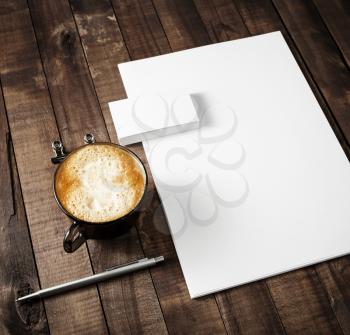 Blank stationery set on vintage wood table background. Template for ID. Mock-up for your design. Blank branding mock up.
