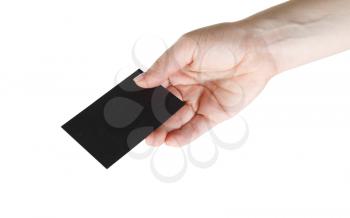 Blank black business card in hand. Isolated on white with clipping path.