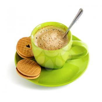 Green cup of coffee with foam and tasty cookies on a white background. Isolated with clipping path.