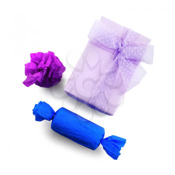 Bright purple and blue gift boxes. Isolated with clipping path on white background. Top view.