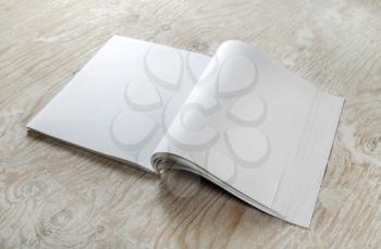 Photo. Blank magazine template on wood background with soft shadows. Template for graphic designers portfolios.