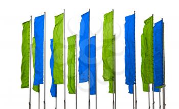 Several flagpoles with vertical green and blue flags