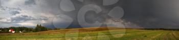 Panoramic shot of the rural landscape. Overcast stormy sky and grassy field.
