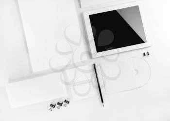 Photo of blank stationery template for branding identity for designers. Top view.