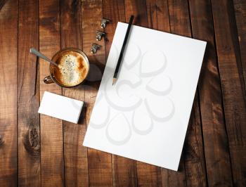 Blank stationery template. Letterhead, business cards, coffee cup and pencil. Blank template for design presentations and portfolios.