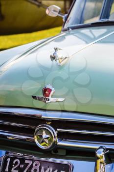 MINSK, BELARUS - MAY 07, 2016: Close-up photo of the Volga M-21 1958 model year. First industrial series of Soviet car of the middle class, produced at the Gorky Automobile Plant from 1957 to 1958.