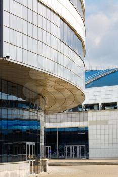 MINSK, BELARUS - MAY 03, 2016: Minsk-Arena - a sports and entertainment complex in the city of Minsk, Belarus. Close-up of modern building of steel and glass.