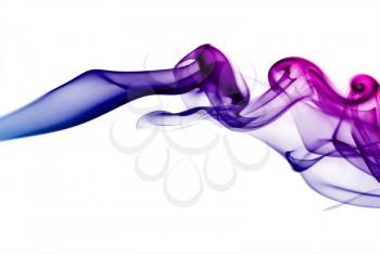 Abstract purple and blue smoke on a white background.