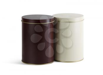Two blank tin cans for loose products on a white background. Isolated with clipping path.