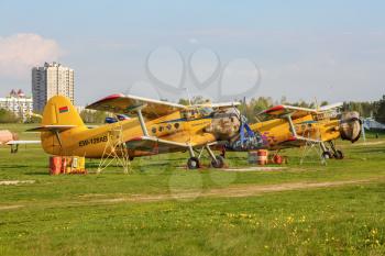 MINSK, BELARUS - MAY 07, 2016:Two biplane An-2. An-2 is a Soviet mass-produced single-engine biplane utility agricultural aircraft designed and manufactured by the Antonov Design Bureau beginning in 1