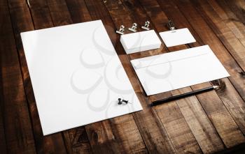 Photo of blank stationery set. Template for ID. Mock-up for branding identity for designers. Top view.