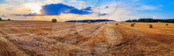 Autumn field with hay bales after harvest. Beautiful sunset sky. Rural landscape with haystacks. Panoramic shot.
