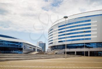 MINSK, BELARUS - MAY 03, 2016: Minsk-Arena - a sports and entertainment complex in the city of Minsk, Belarus. Modern industrial building of hockey stadium and a velodrome.