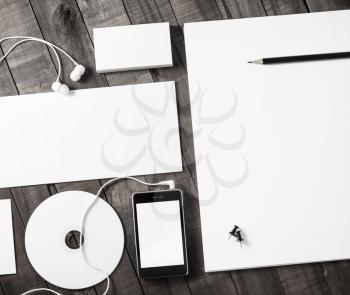 Mockup business template. Blank objects for placing your design. Blank stationery set on wooden table background.