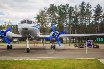 Minsk, Belarus - April 25, 2015: Old disused Soviet passenger aircraft IL-14. Large plane.