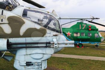 Minsk, Belarus - April 25, 2015: Obsolete old Soviet helicopters. Close-up of a military helicopter. Selective focus.