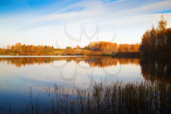 Picturesque autumn landscape. Lake with thickets of trees along the banks and blue sky.