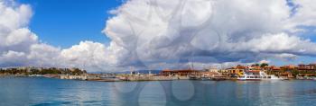 Nesebar, Bulgaria - September 06, 2014: Ships, boats and yachts in the port of the old town Nessebar on the Bulgarian Black Sea Coast. Panoramic shot.