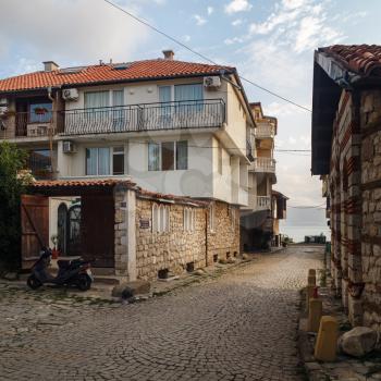 Nesebar, Bulgaria - September 05, 2014: Old town Nesebar on the Bulgarian Black Sea Coast. Street, ancient architecture and cobbled stone pavement. Architectural and Historic Complex. UNESCO world her